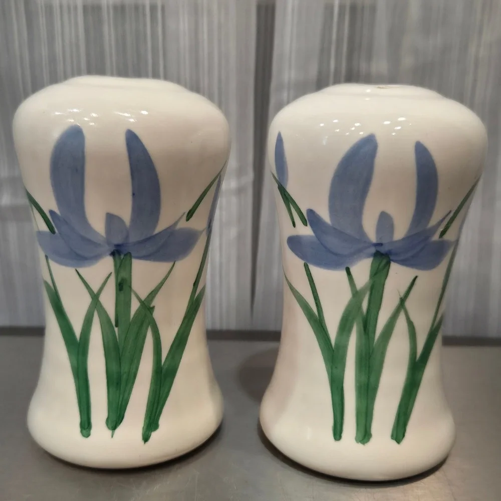 Neher 2002 Hand Painted Blue Iris Ceramic Salt and Pepper Shakers 5